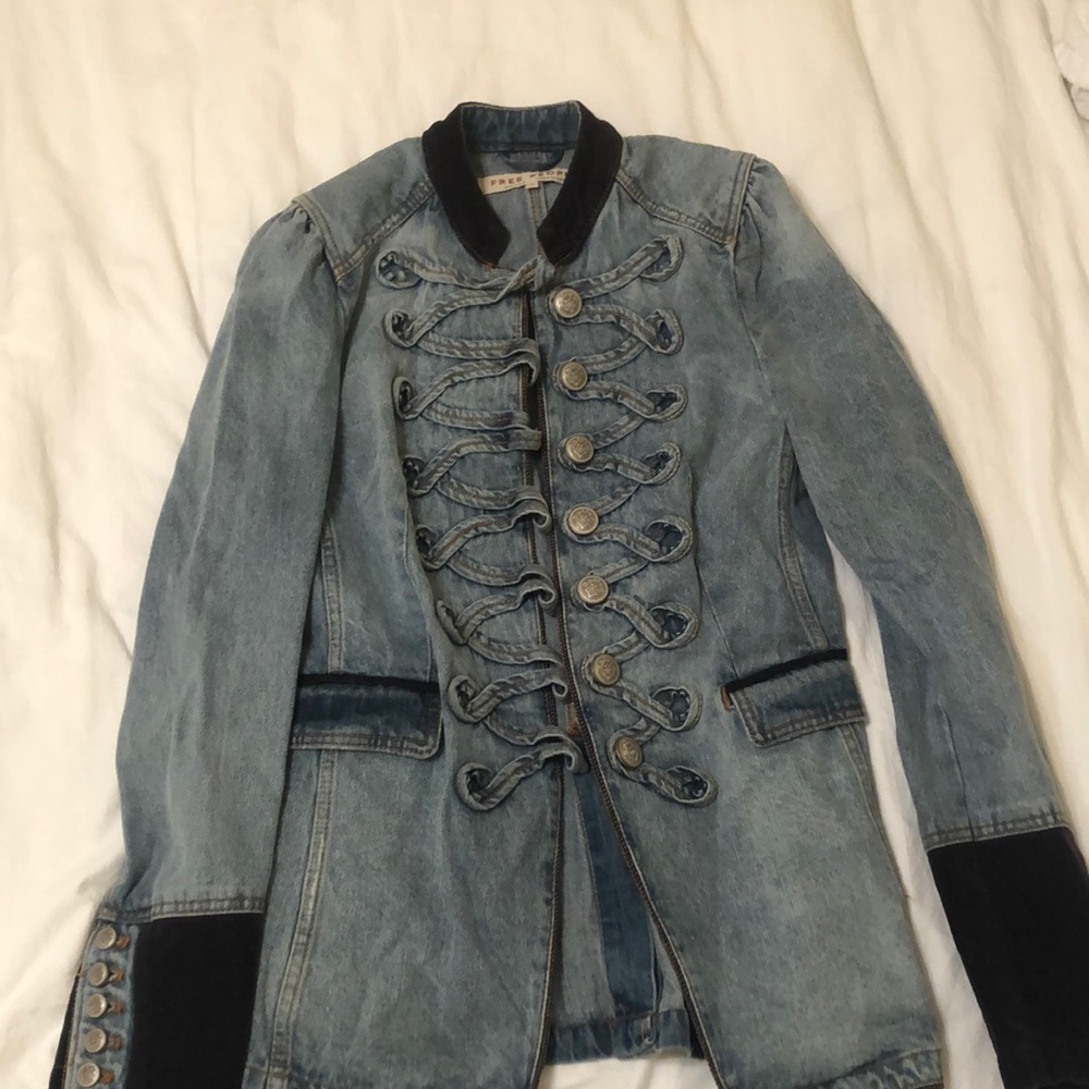 Free People Military Jean Jacket with Velvet Detail